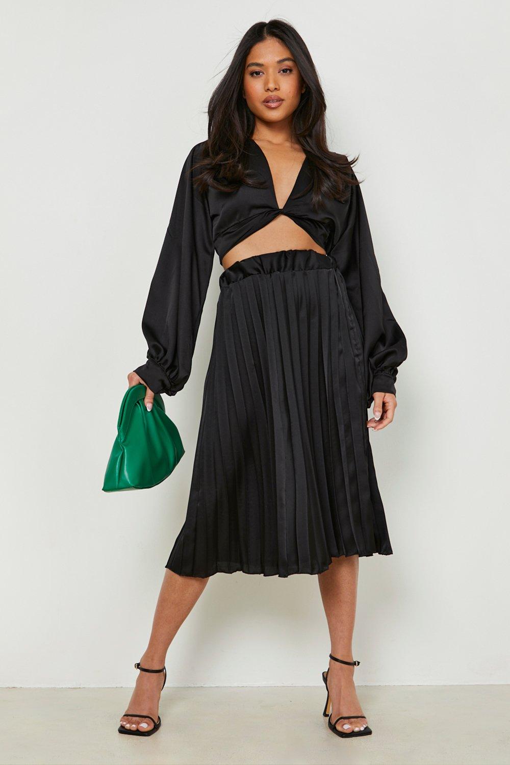 Black pleated midi skirt clearance satin