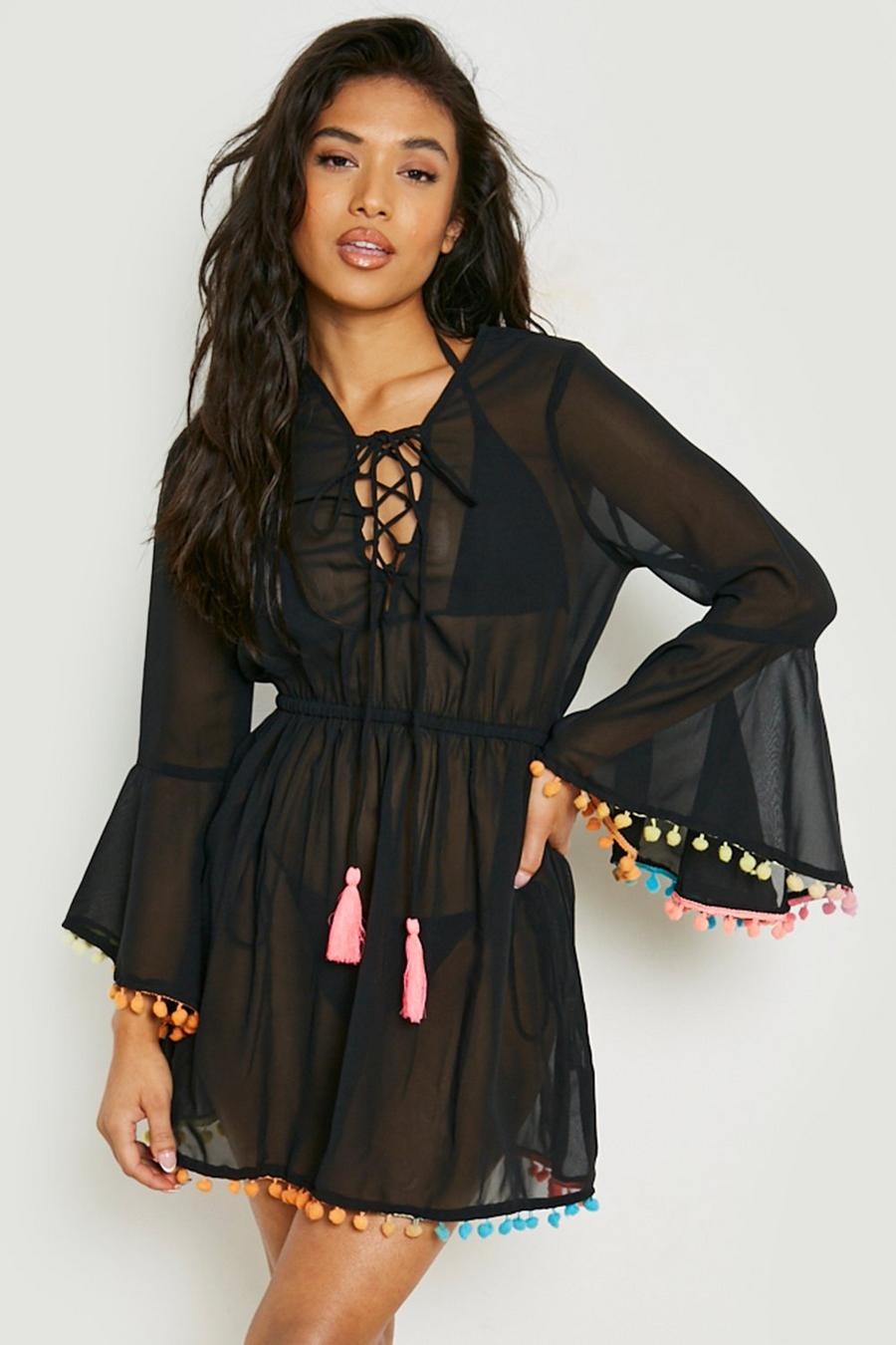 Black noir Petite Lace Up Beach Dress