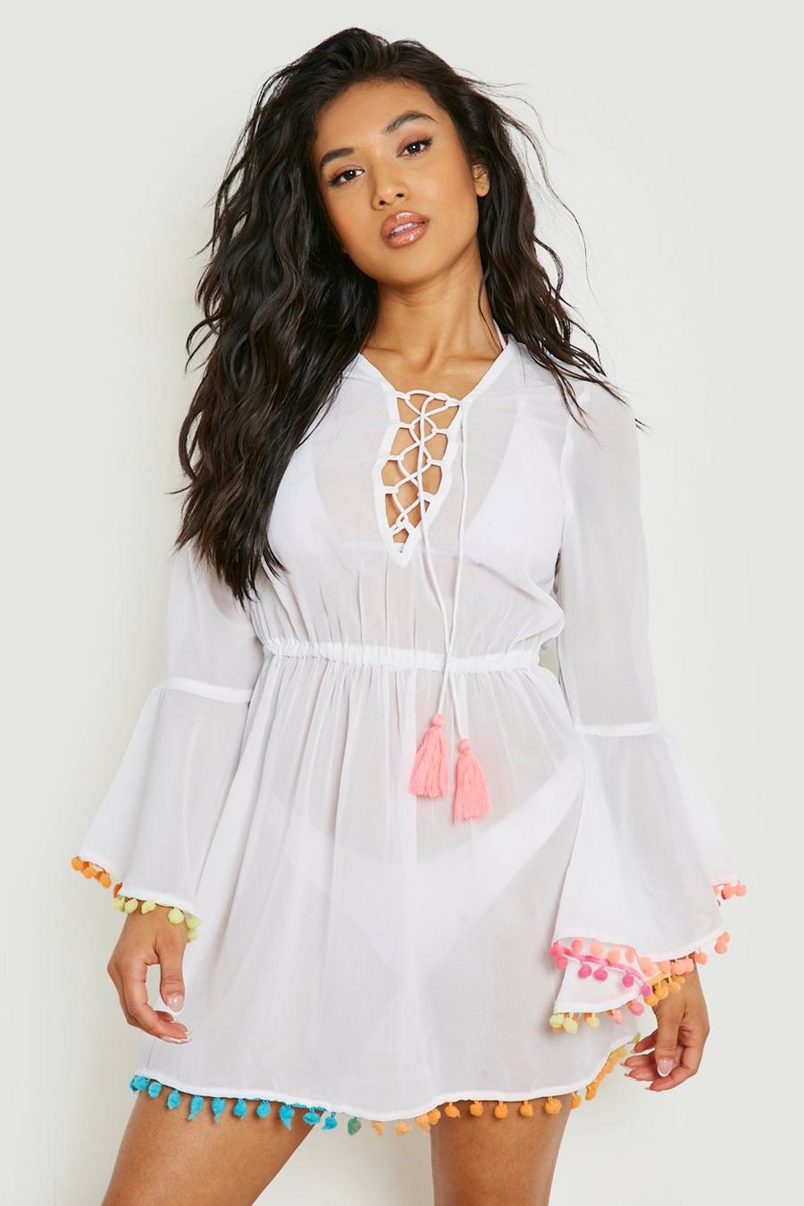 White Petite Lace Up Beach Dress