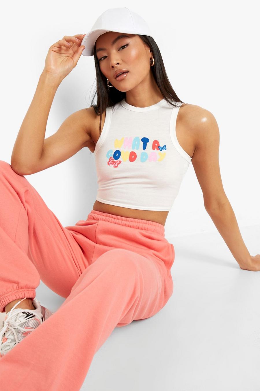 White Good Day Printed Racer Crop Top image number 1