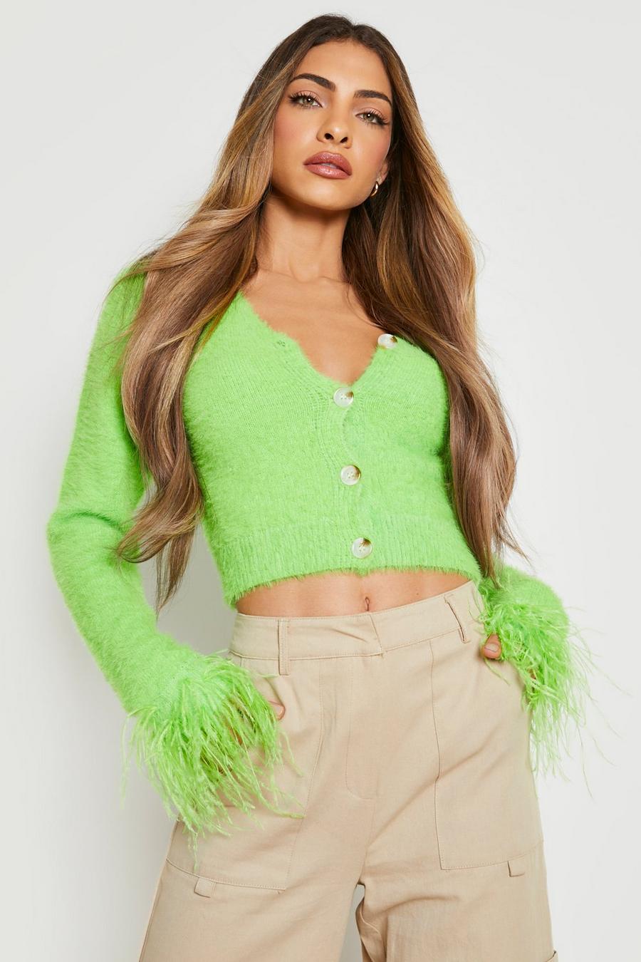 Lime Bright Feather Trim Cardigan  image number 1