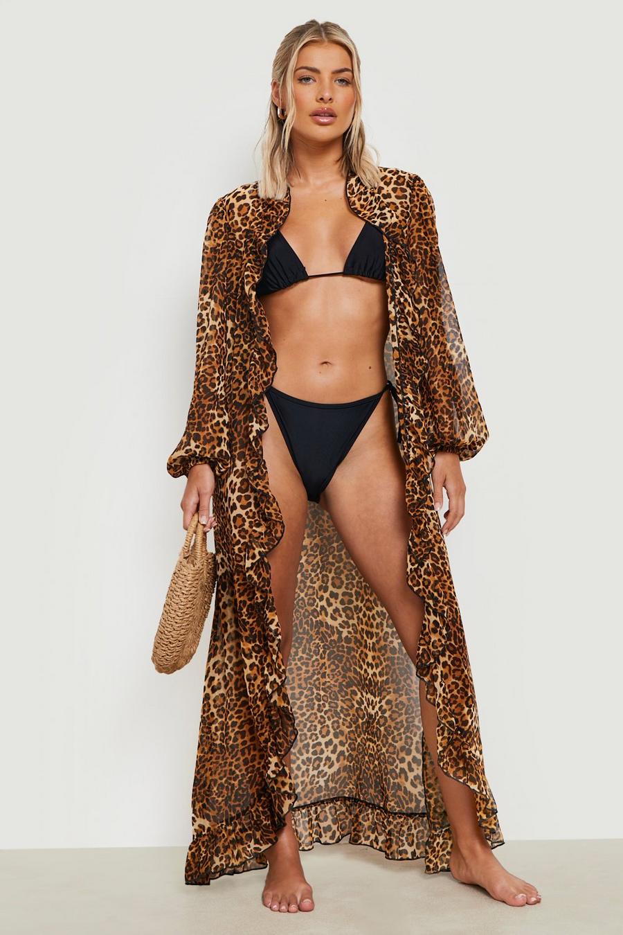 Kimono maxi da mare in chiffon leopardato con arricciature, Brown image number 1