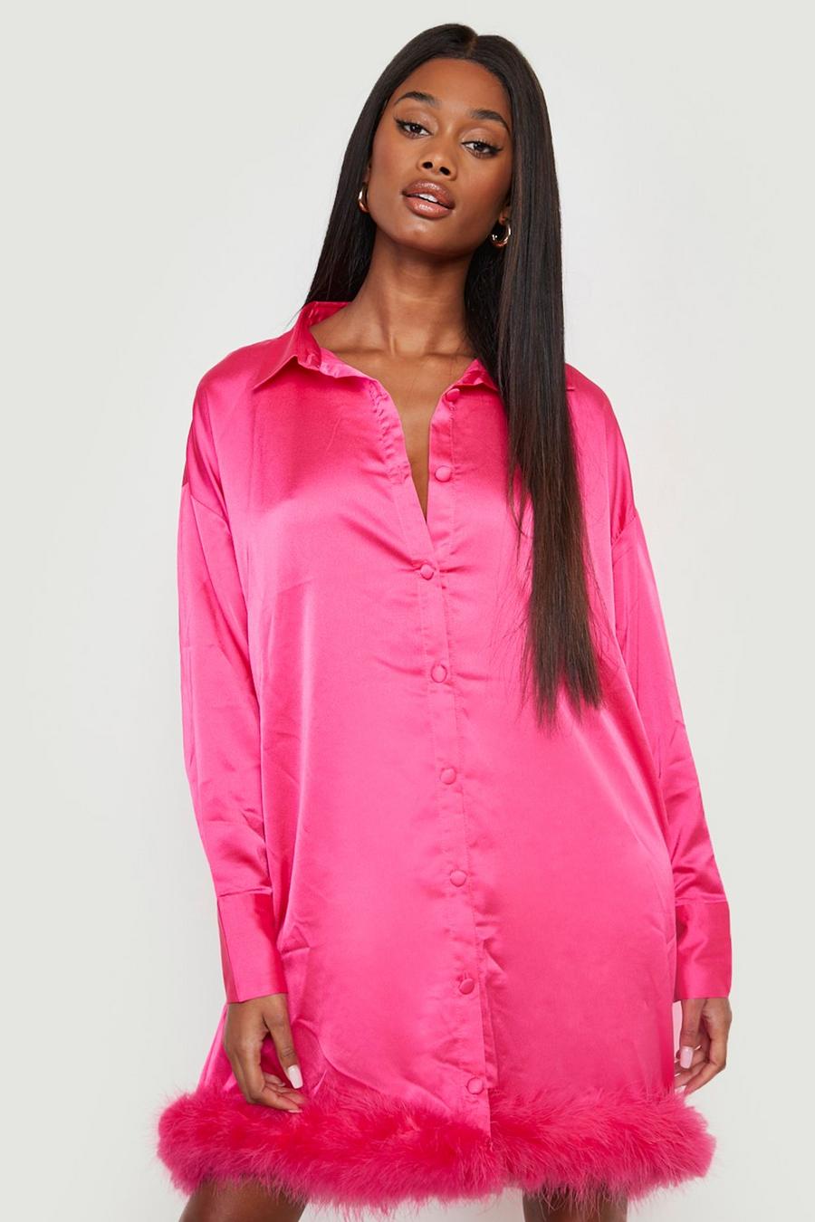 Hot pink Satin Feather Trim Oversized Shirt Dress