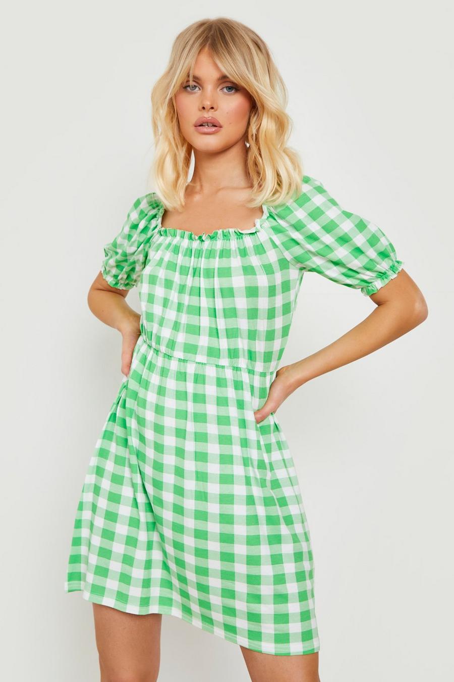 Green Gingham Print Puff Sleeve Sun Dress image number 1
