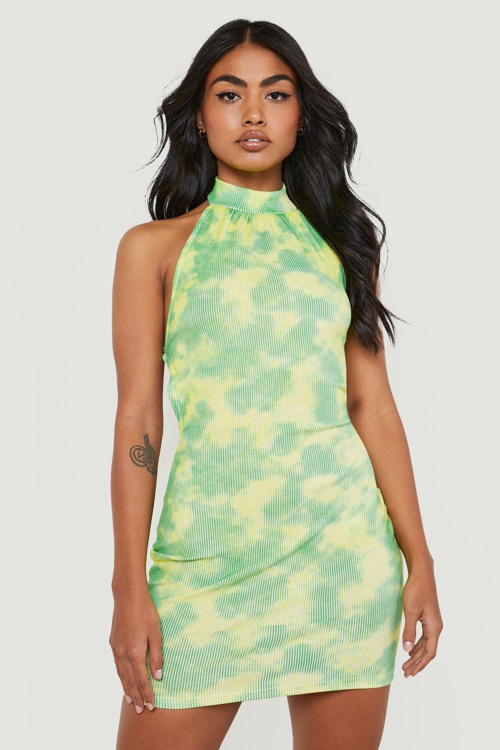 Tie Dye Rib Halter Mini Dress | boohoo USA