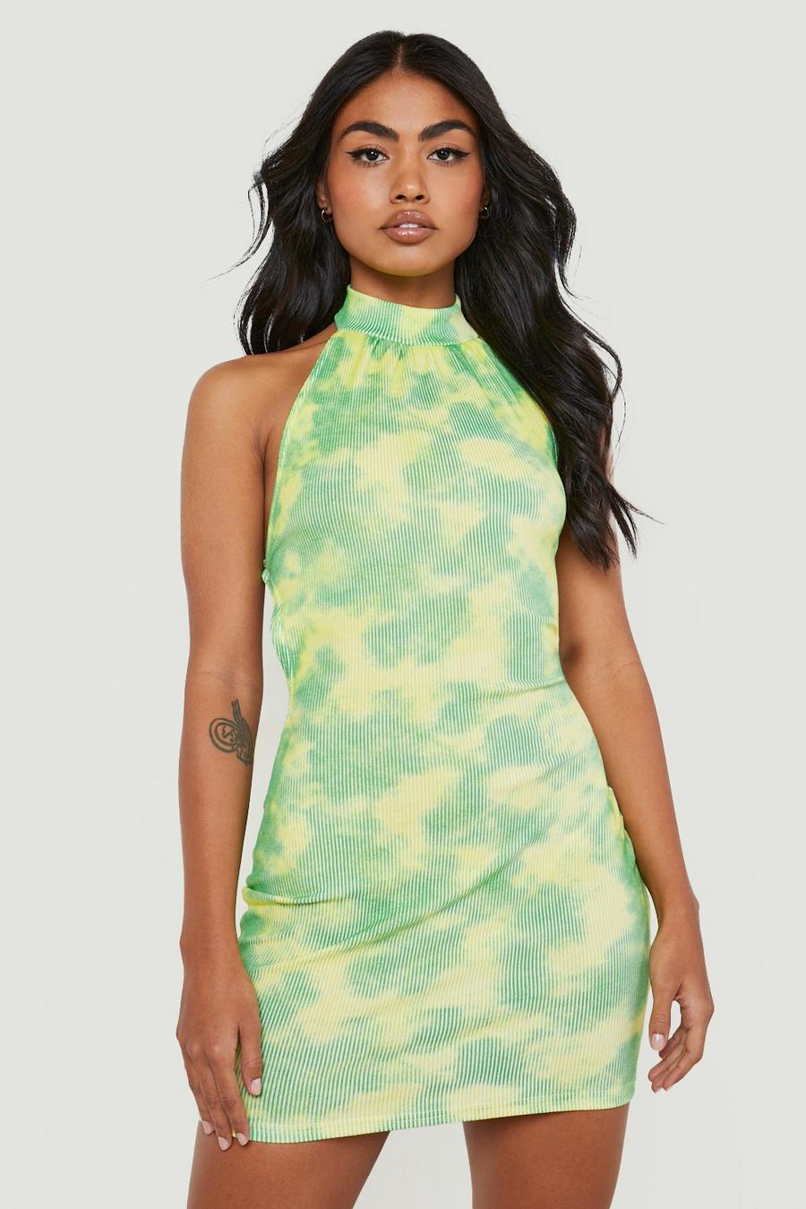 Green Tye Dye Rib Halterneck Mini Dress