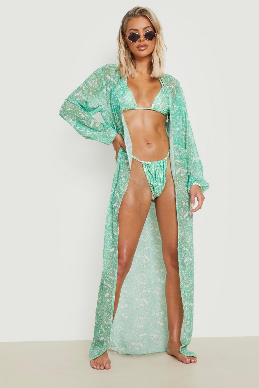 Kimono maxi da mare in chiffon in fantasia cachemire con cintura, Green image number 1