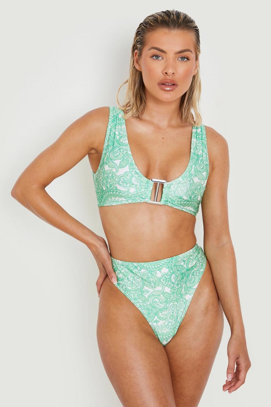 Top bikini in fantasia cachemire con scollo profondo e anello, Green