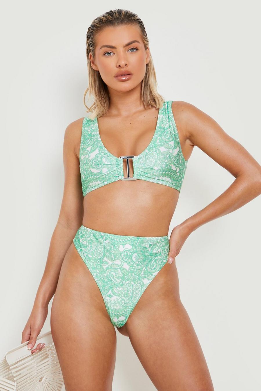 Bikinihose mit hohem Bund und Paisley-Print, Green