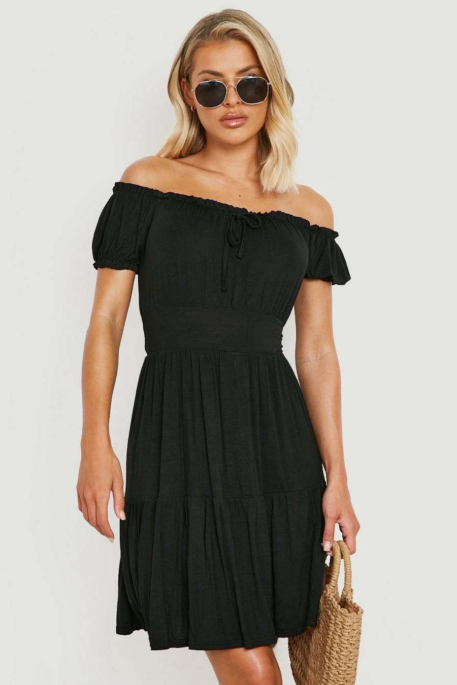 שחור שמלת שמש בסגנון ברדו מכותנת ג'רסי עם מלמלה  image number 1