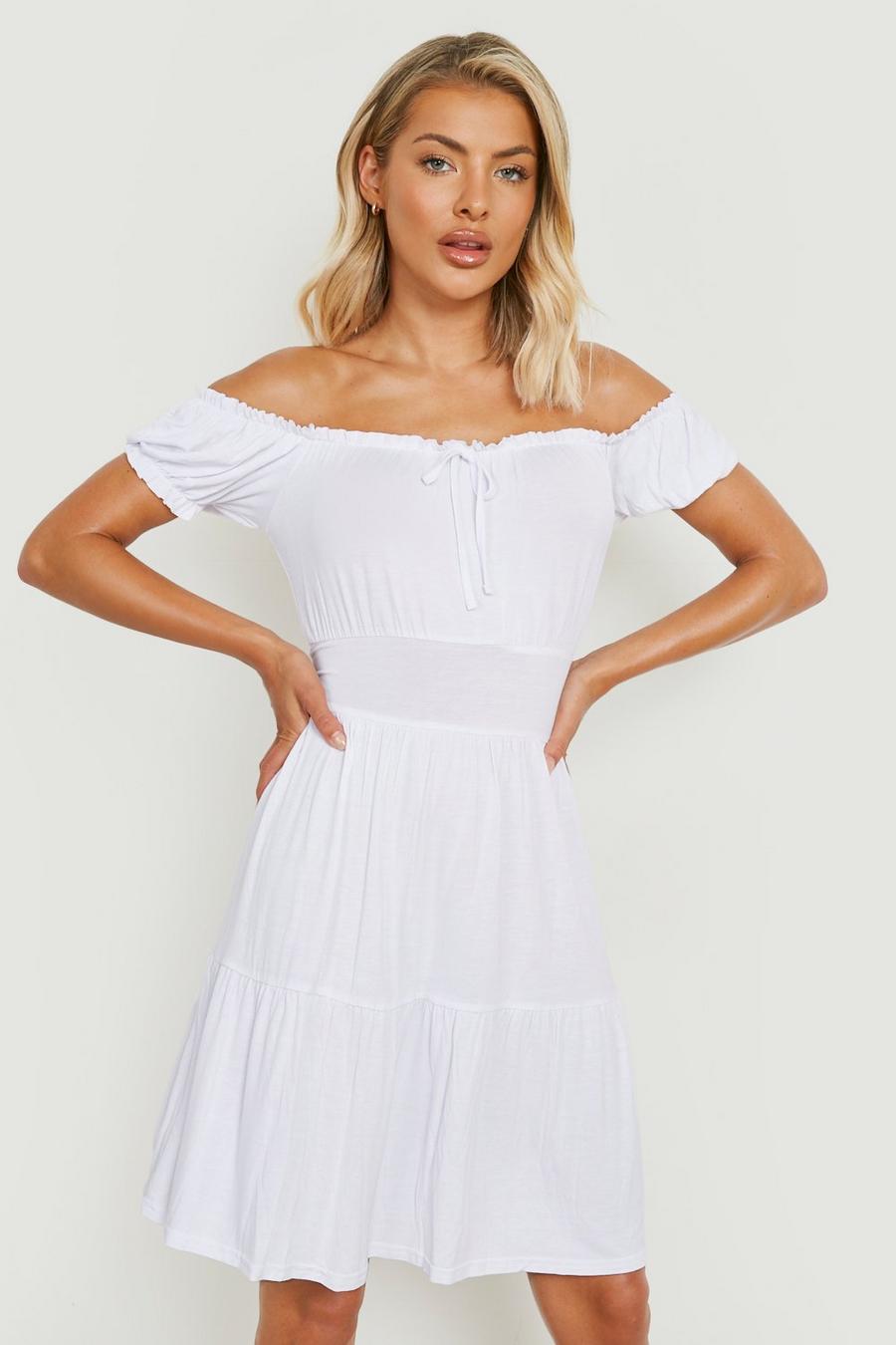 White Cotton Jersey Knit Off The Shoulder Ruffle Sundress image number 1