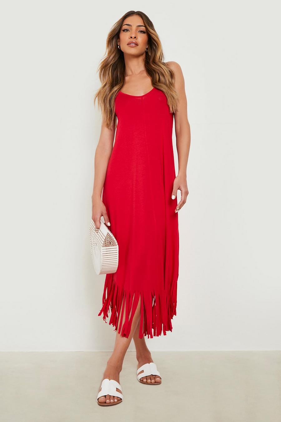 Red Tassel Hem Strappy Midaxi Dress image number 1