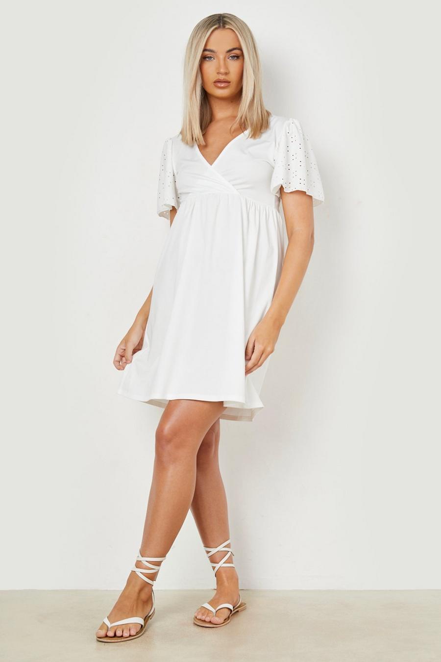White Broderie Contrast Rib Wrap Smock Dress image number 1
