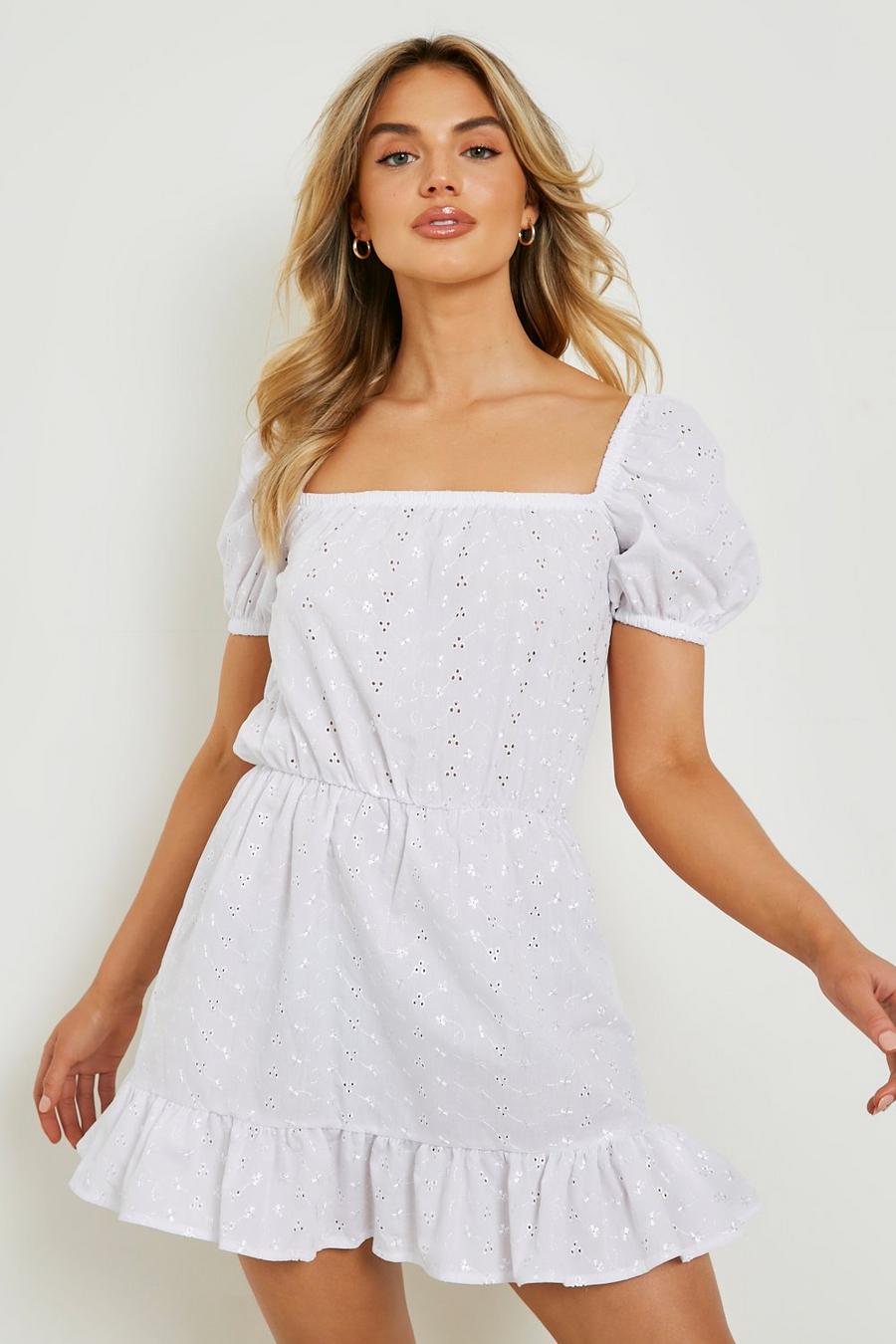 White Broderie Anglaise Ruffle Hem Smock Dress image number 1