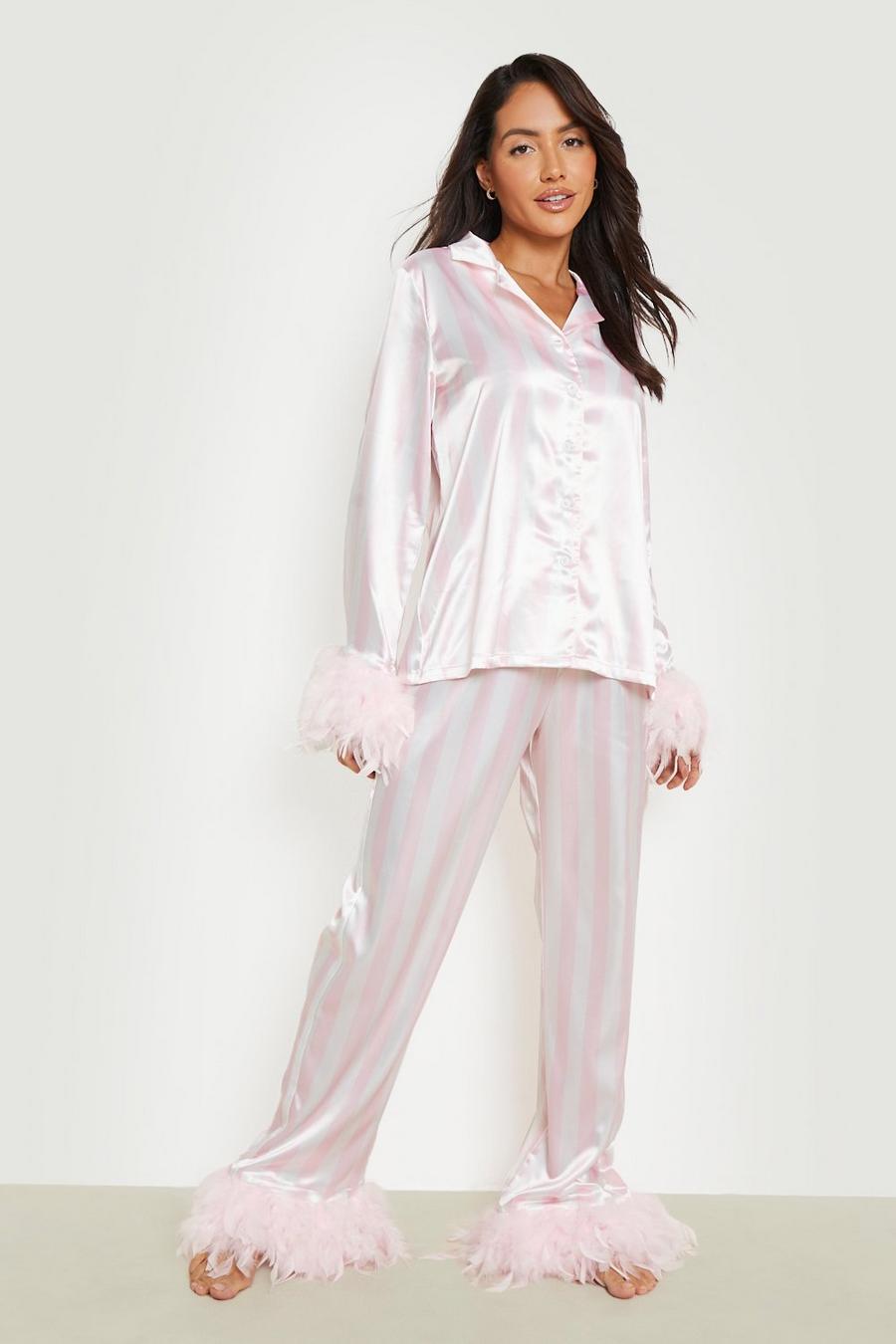 Baby pink Premium Candy Satin Feather Pj Trouser Set image number 1