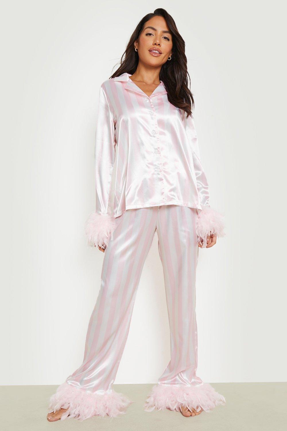 Satin Feather Pajama Shirt and Pants Set