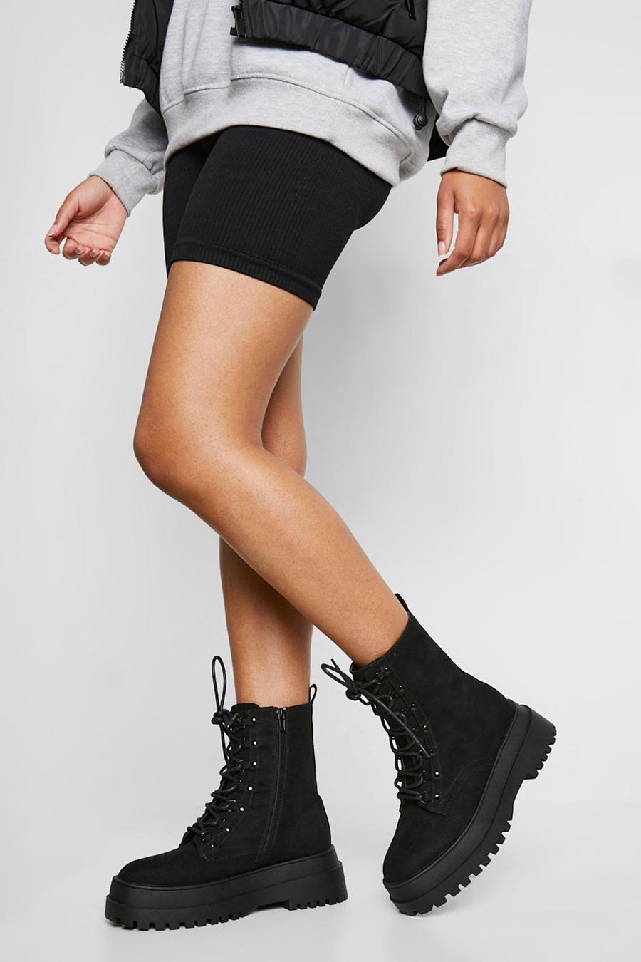 Black Chunky Back Tab Lace Up Hiker Boots image number 1
