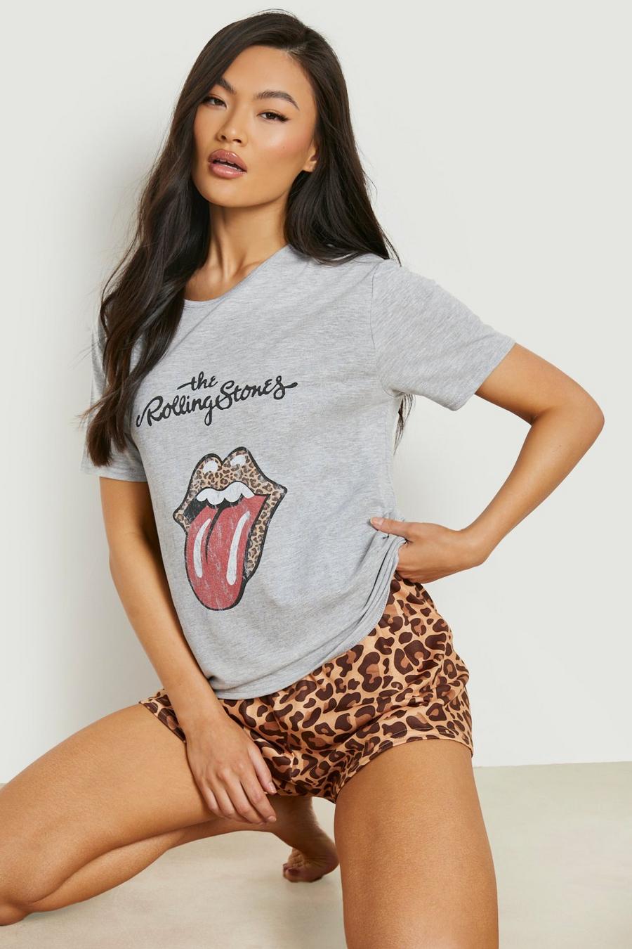 T-shirt con logo Rolling Stones & pantaloncini con stampa leopardata, Grey marl grigio