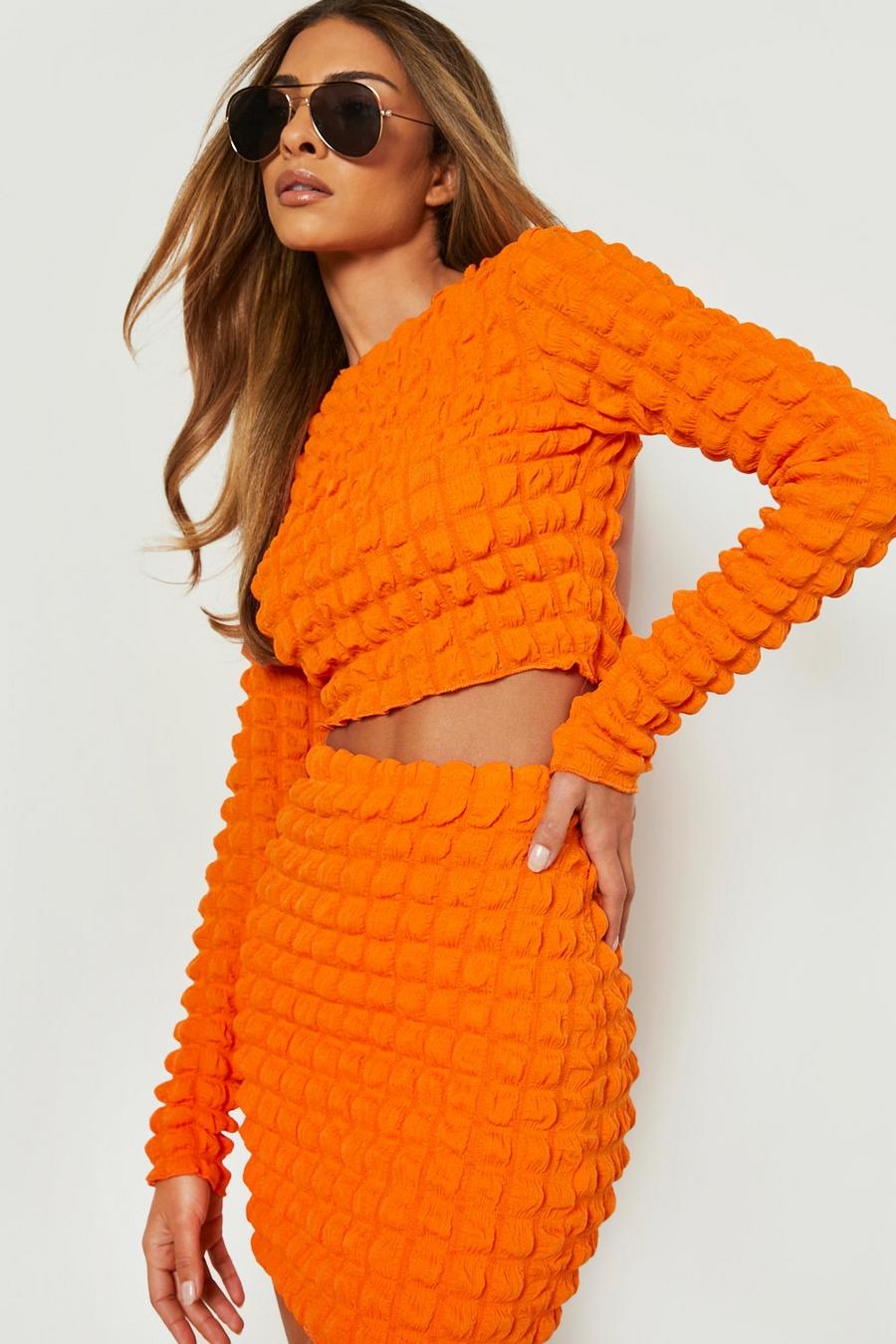 Orange Bubble Jersey Knit Backless Crop & Mini Skirt image number 1