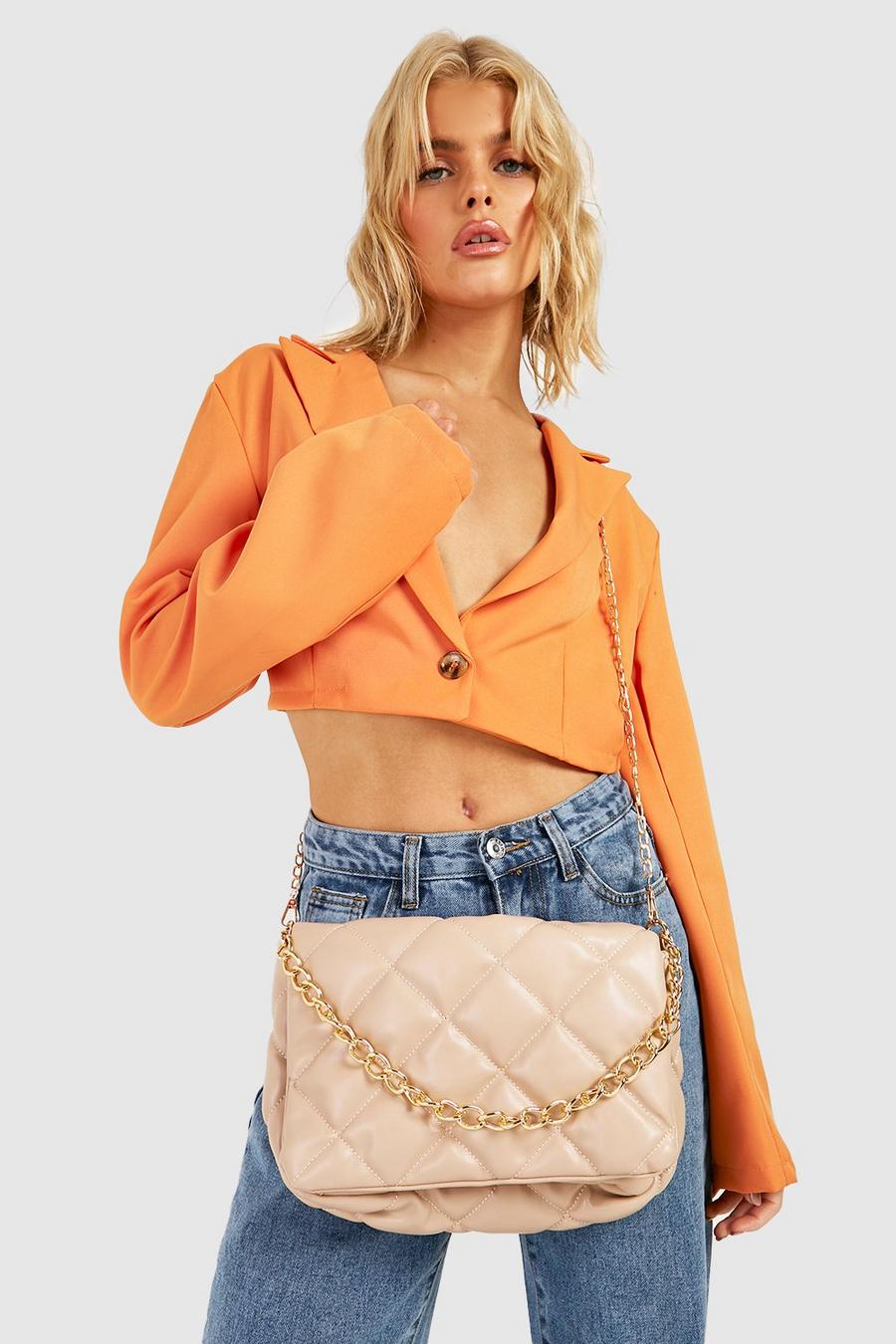 Nude Quilted Chain Detail Cross Body Bag