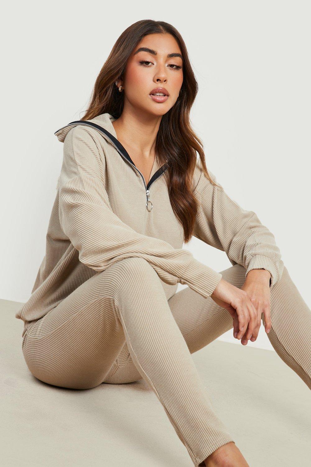 Collared Rib Jumper Legging Loungewear Set boohoo