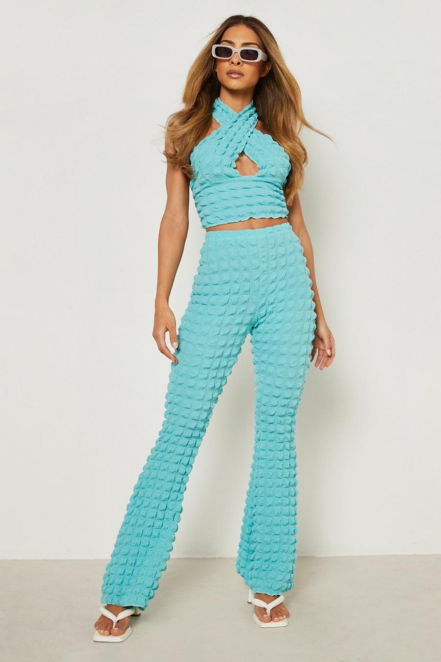 Azure Bubble Jersey Knit Halter Crop & Flare Pants image number 1