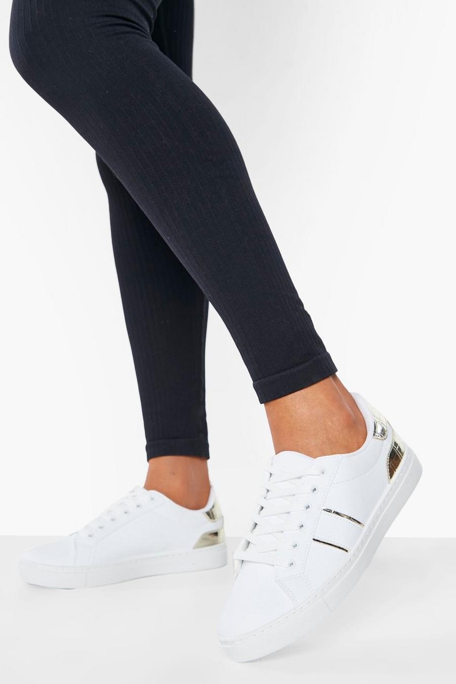 White Metallic Stripe Detail Flat Sneakers image number 1