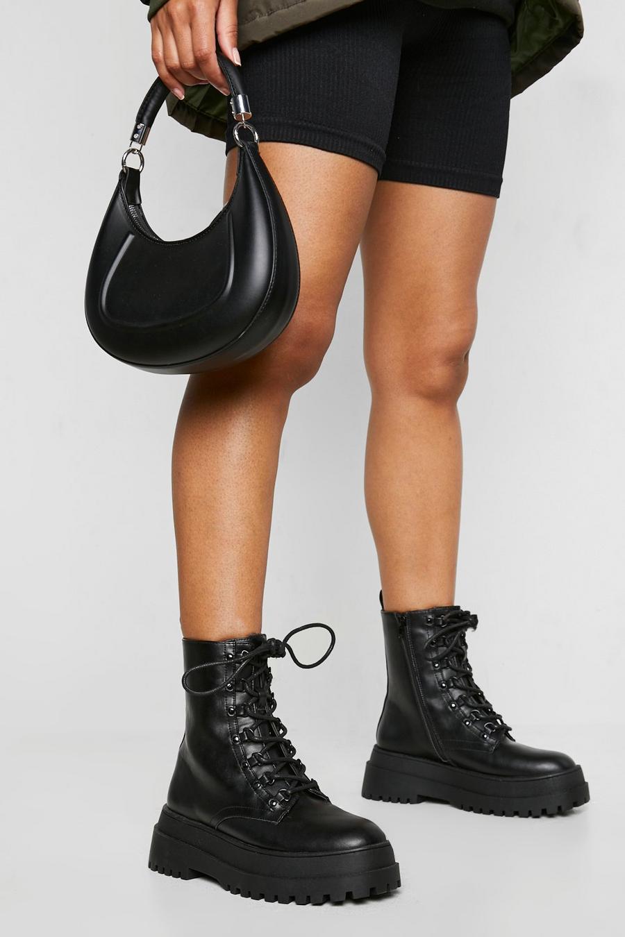 Black Chunky Back Tab Lace Up Combat Boots image number 1