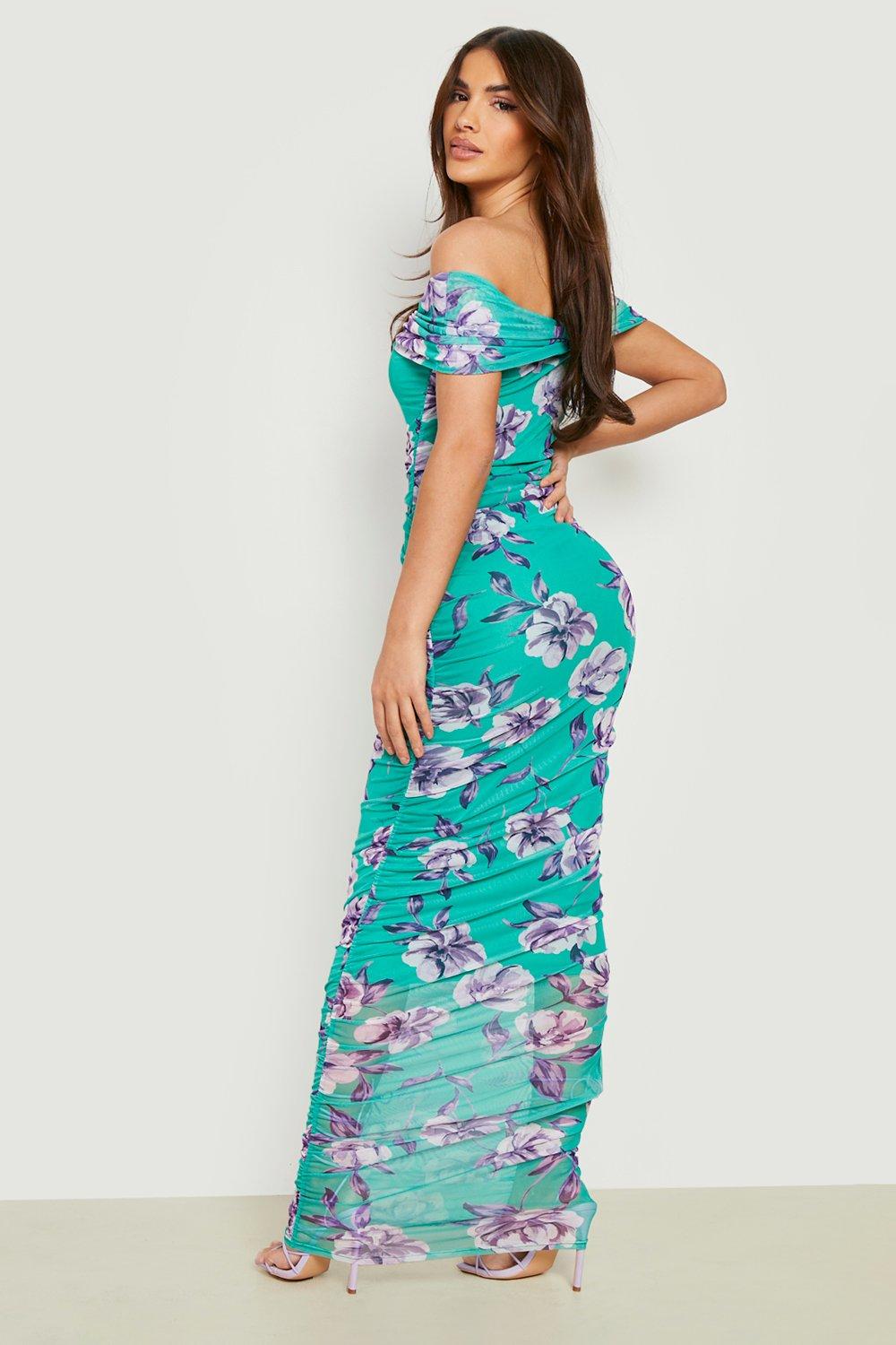 Floral Mesh Ruched Maxi Dress