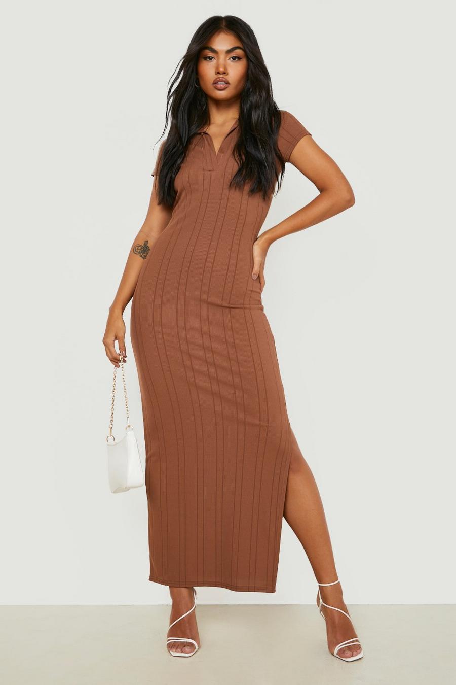 Chocolate brown Rib Short Sleeve Collared Maxi Dress