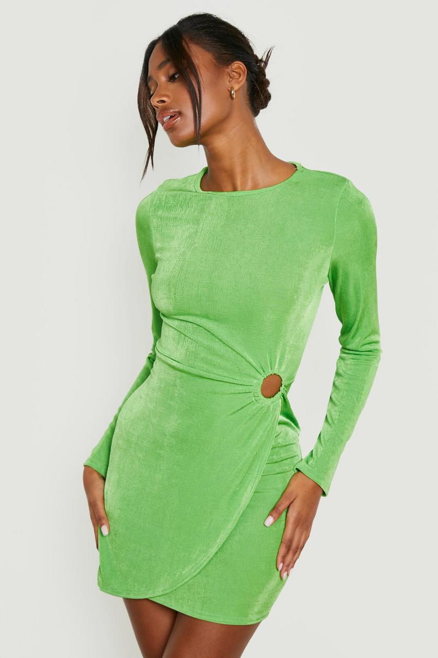 Lime green Acetate Slinky Ring Drape Detail Mini Dress