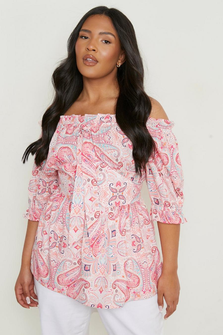 Pink Plus Paisley Woven Off The Shoulder Top image number 1