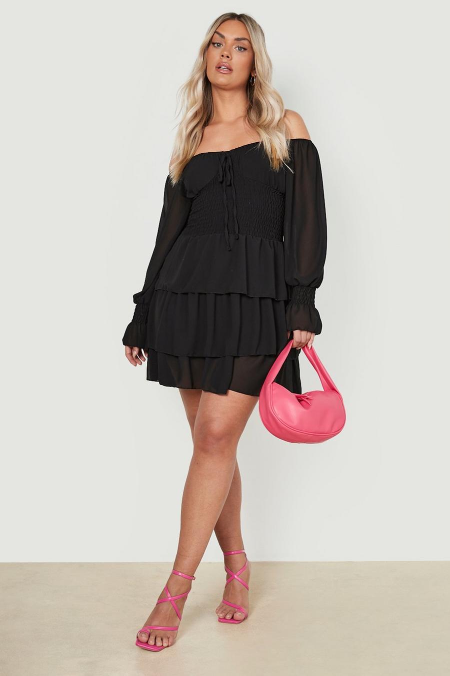 Black Plus Bardot Shirred Ruffle Dress