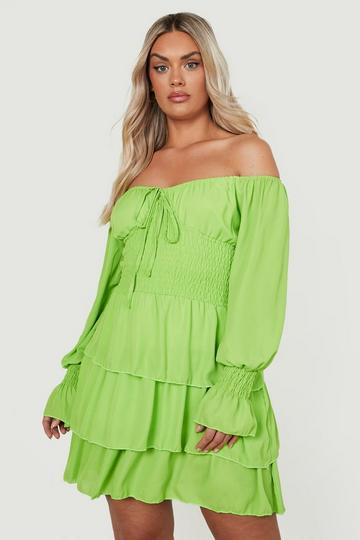 Plus Off The Shoulder Shirred Ruffle Dress lime