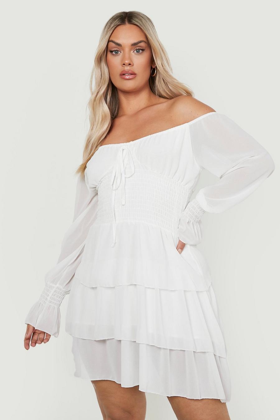 White Plus Off The Shoulder Shirred Ruffle Dress