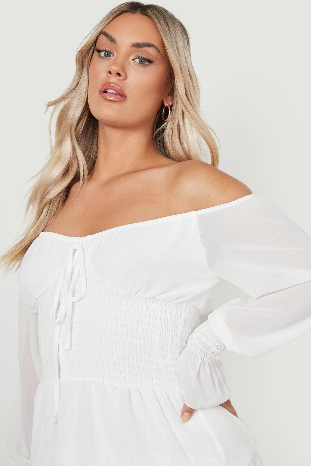 Plus Off The Shoulder Shirred Ruffle Dress