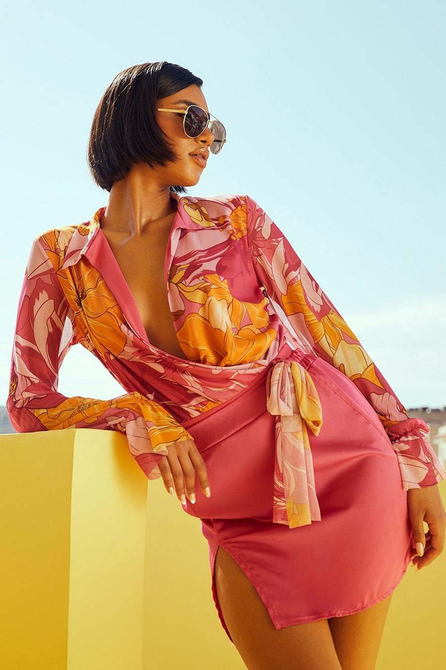 Body scaldacuore a camicia in chiffon a fiori, Pink image number 1
