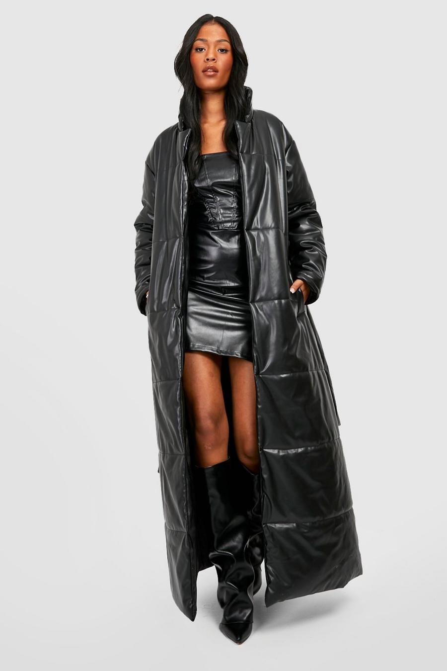 Black Tall Faux Leather Belted Maxi Puffer Jacket image number 1