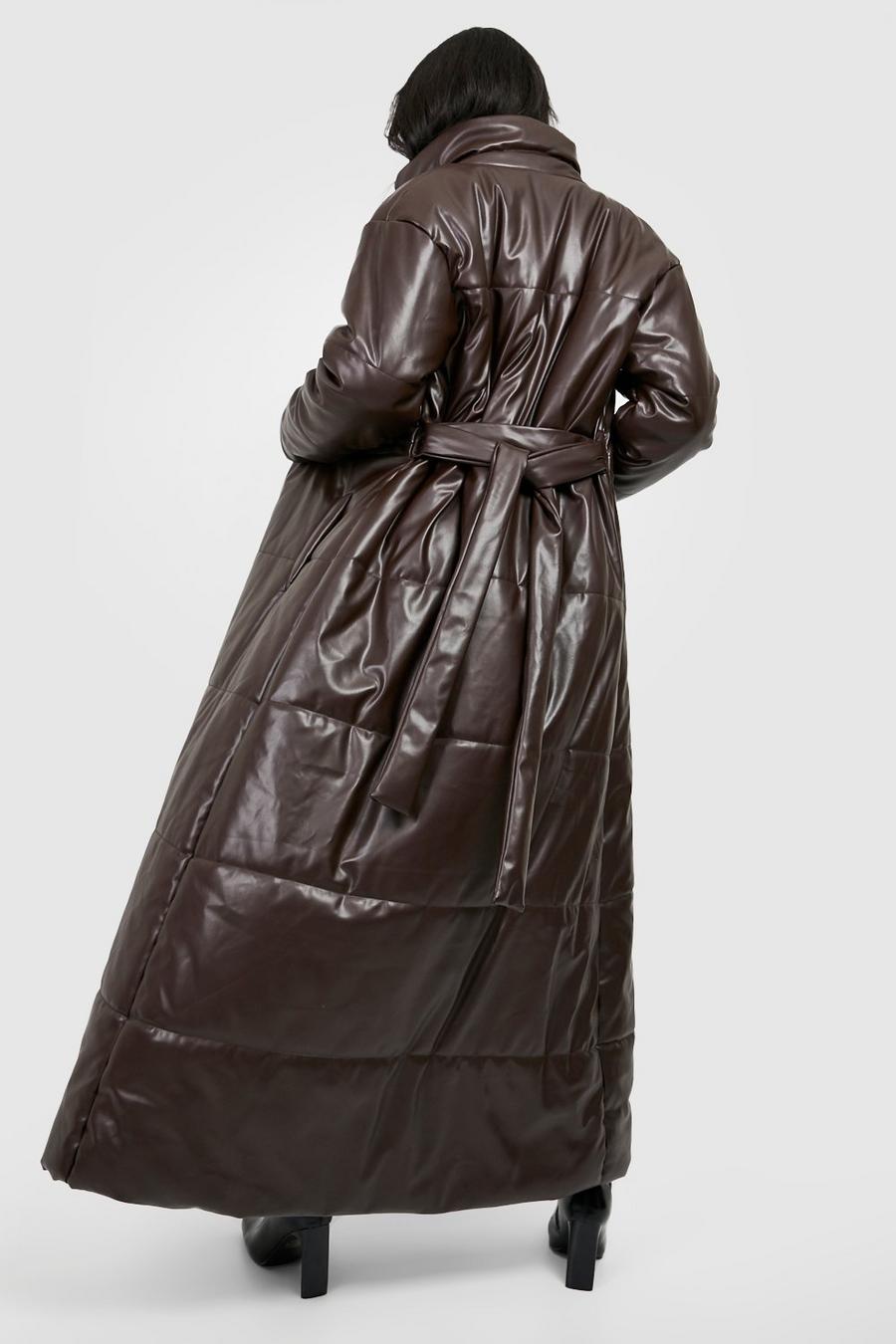 Chocolate marron Tall Faux Leather Belted Maxi Puffer Jacket image number 1