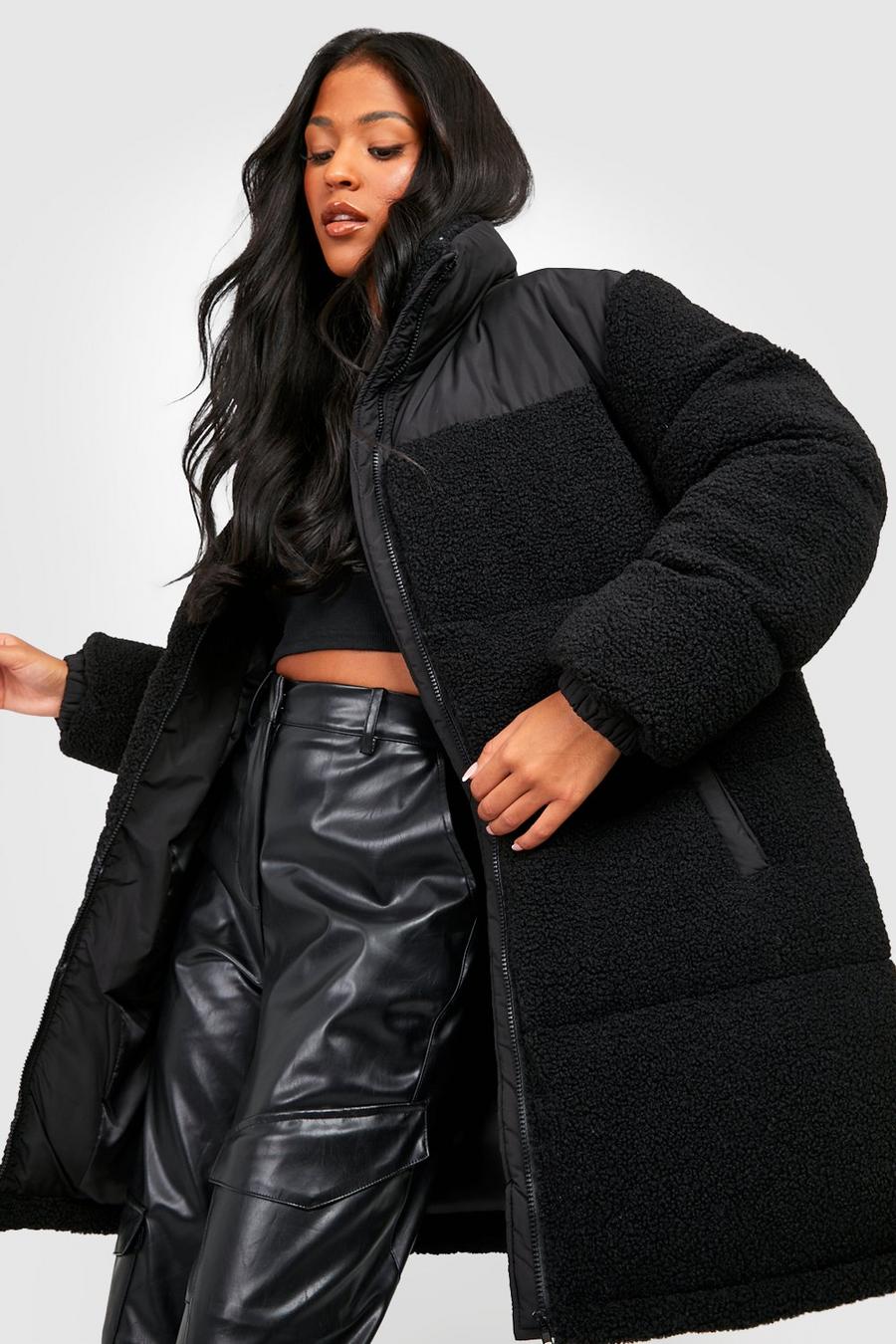 Black Tall Teddy Faux Fur Paneled Puffer image number 1