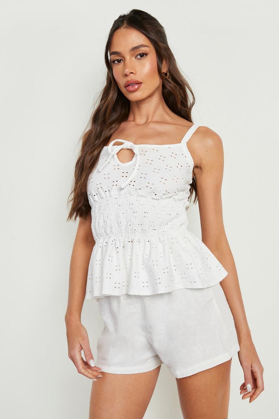 White Tie Front Eyelet Peplum Top image number 1