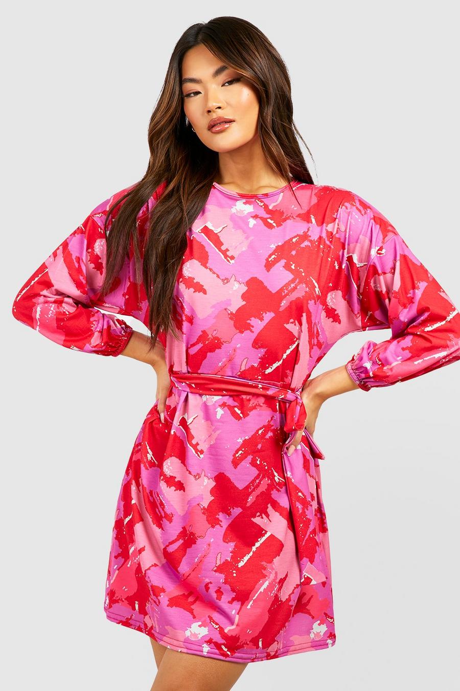 Batik Skaterkleid mit 3/4 Ärmeln und Gürtel, Pink image number 1