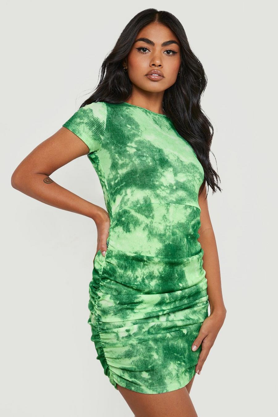 Green Rib Ruched Side Mini Dress Tie Dye Print image number 1