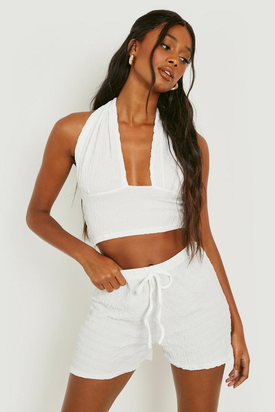 Ivory Waffle Halter Tie Crop Top & Shorts image number 1