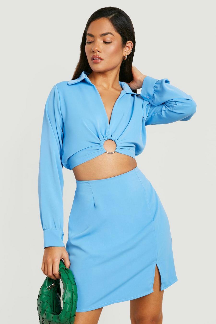 Azure blue O Ring Plunge Shirt & Split Side Mini Skirt