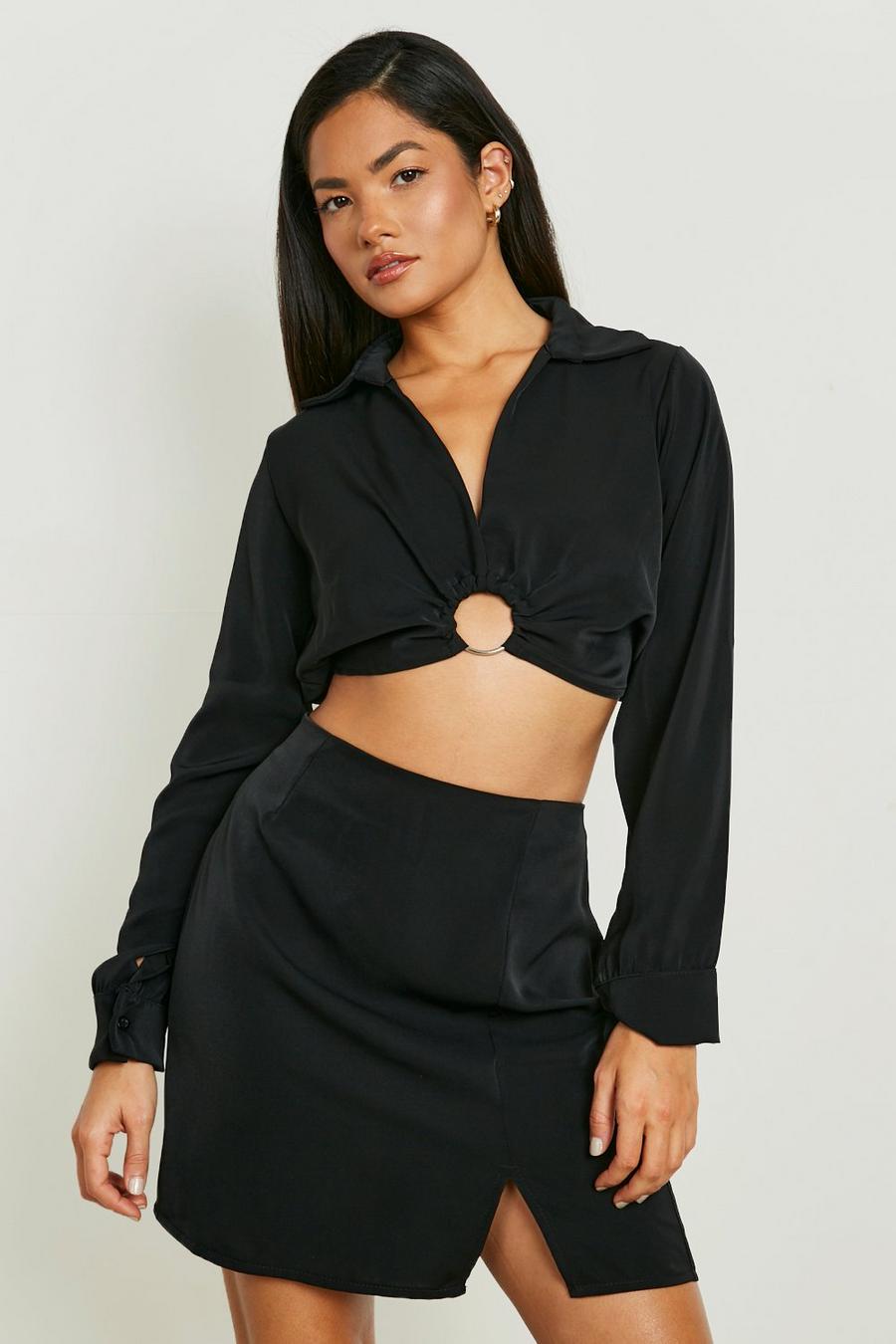 Black O Ring Plunge Shirt & Split Side Mini Skirt image number 1
