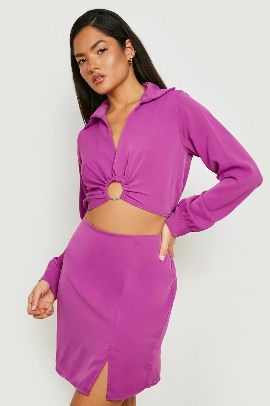 Purple O Ring Plunge Shirt & Split Side Mini Skirt image number 1