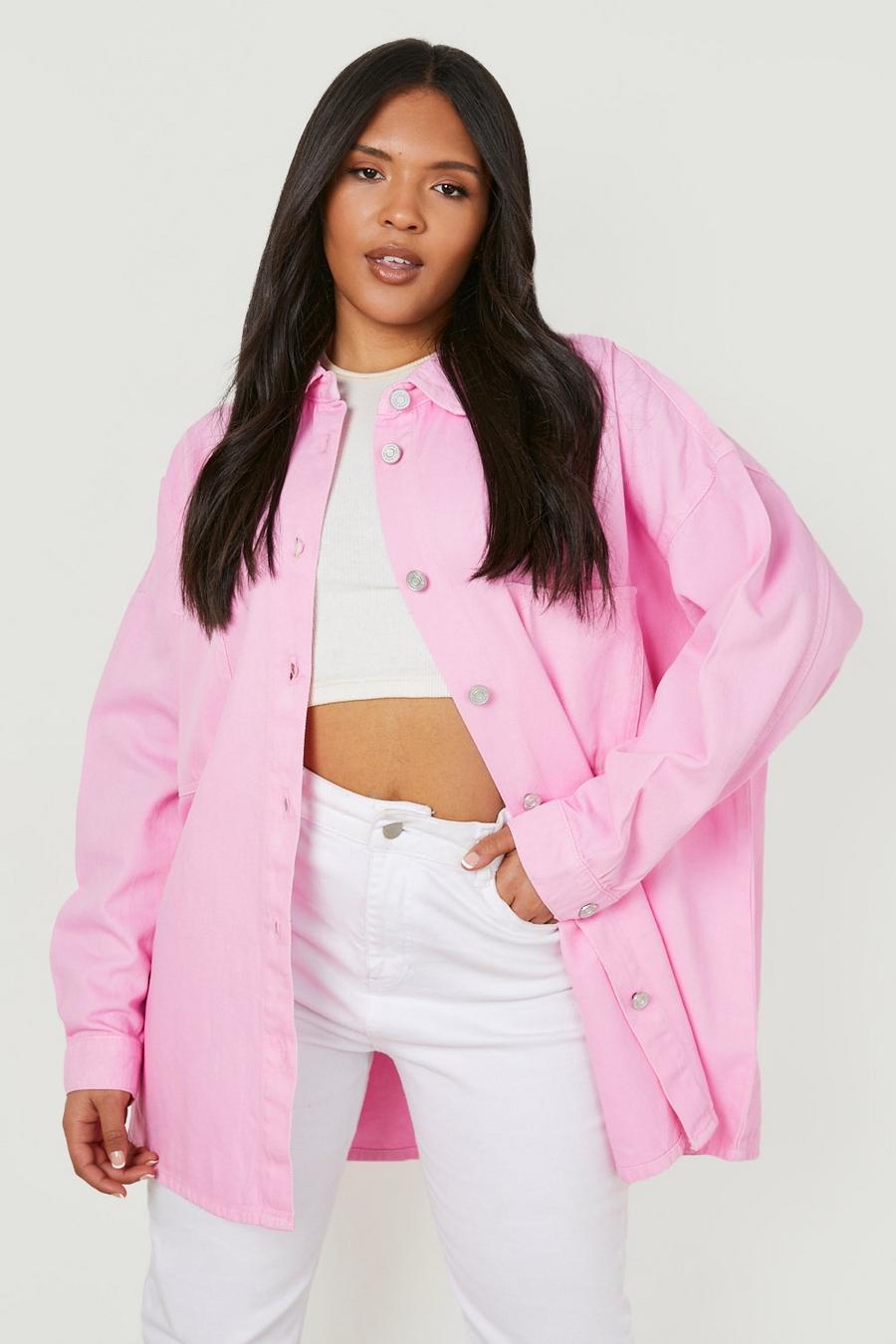 Camicia Plus Size in denim in colori brillanti, Pink image number 1