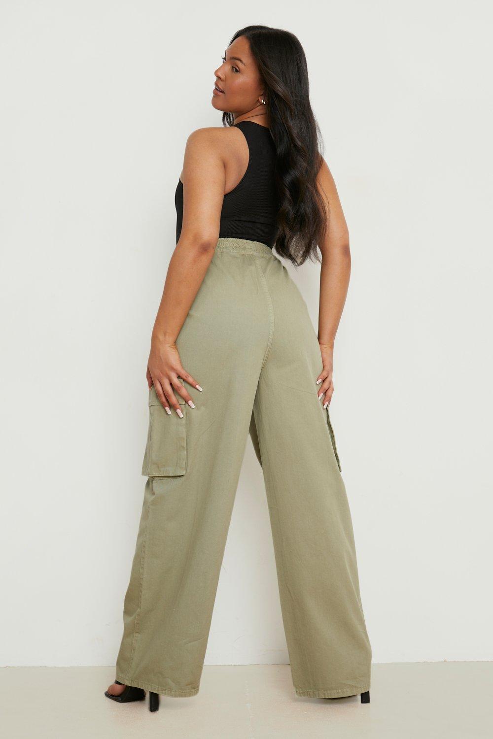 Plus Size Nylon Wide Leg Cargo Pants - Khaki