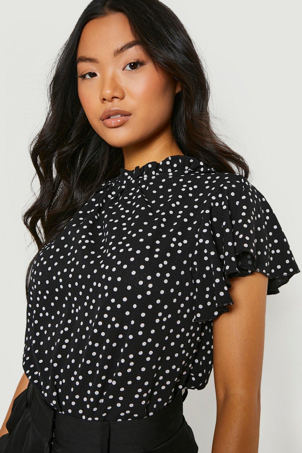 Petite Polka Dot Frill Sleeve Woven Blouse boohoo